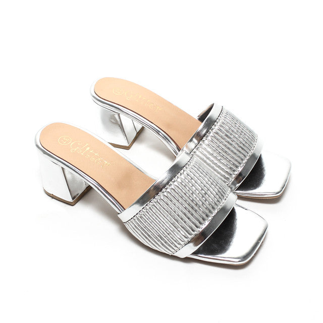 Metallic Ribbed Strap Slippers - Silver