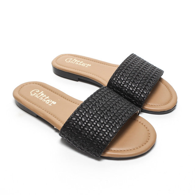 Woven Strap Slippers - Black