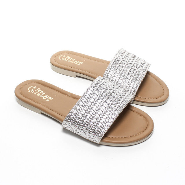 Woven Strap Slippers - Silver