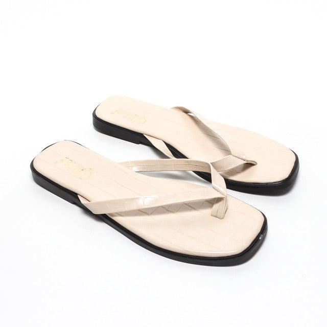 Crocodile Texture Toe-Post Slippers - Beige