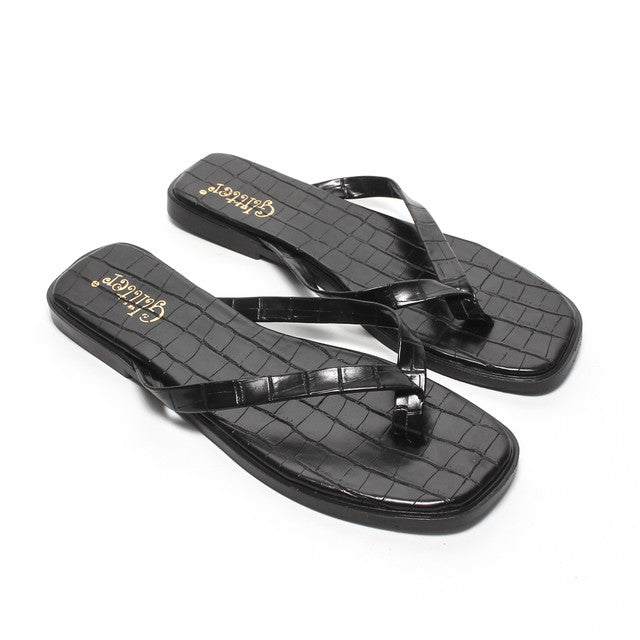 Crocodile Texture Toe-Post Slippers - Black