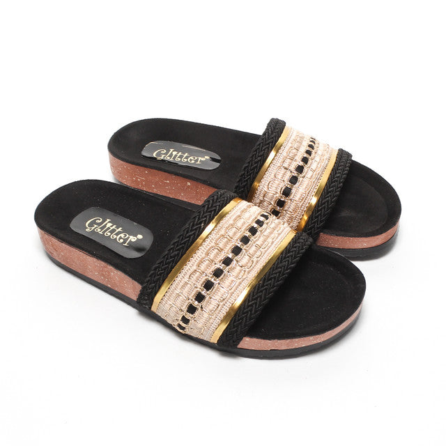 Metallic Multi-Strap Slippers - Black