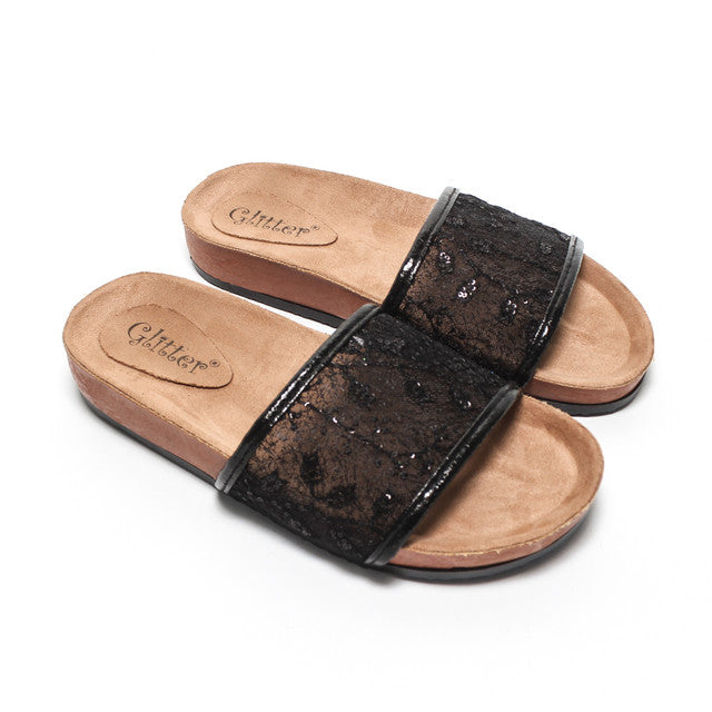 Lace Strap Canvas Slippers - Black