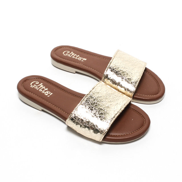 Metallic Textured Strap Slippers - Gold
