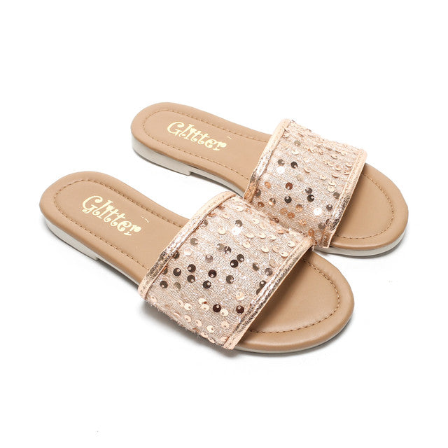 Sequin Strap Slippers - Bronze