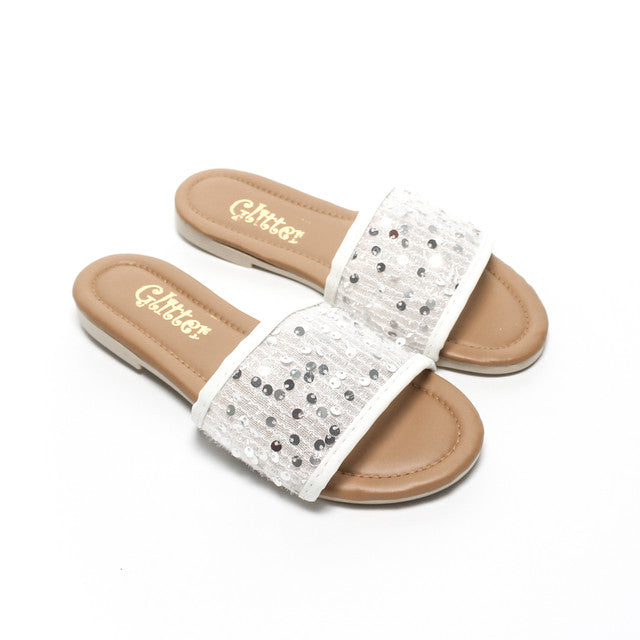 Sequin Strap Slippers - White