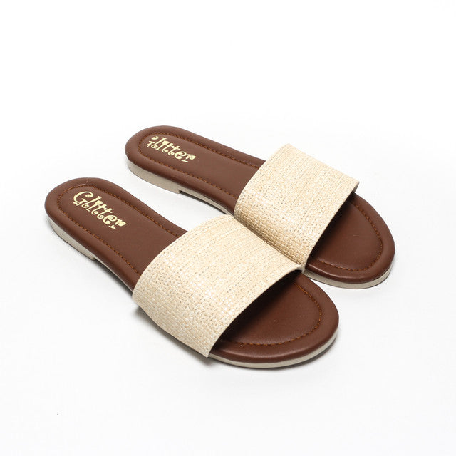 Textured Wide Strap Slippers - Beige
