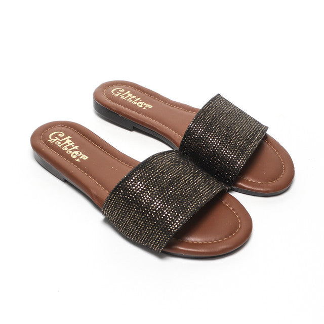 Textured Wide Strap Slippers - Black
