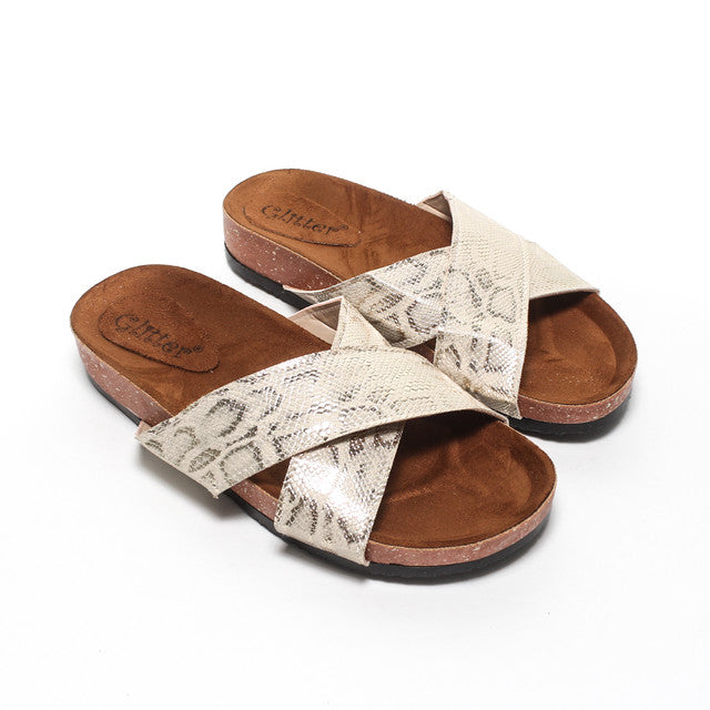 Snake Print Cross-Strap Slippers - Gold