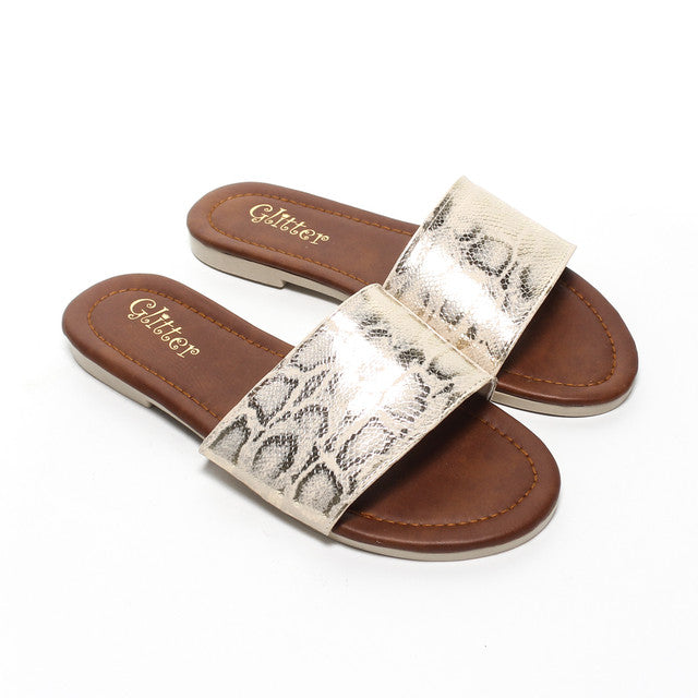 Metallic Snake Print Slippers - Gold