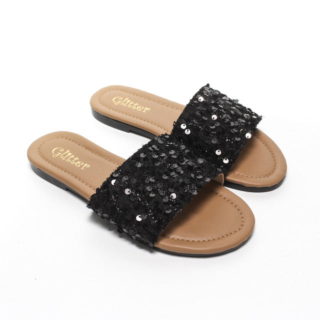 Sequin Strap Slippers - Black
