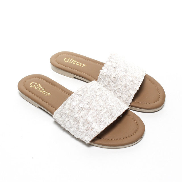 Sequin Strap Slippers - White