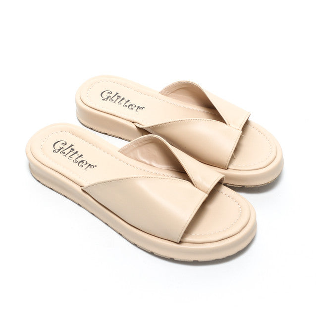 V-Cut Toe Loop Slippers - Beige