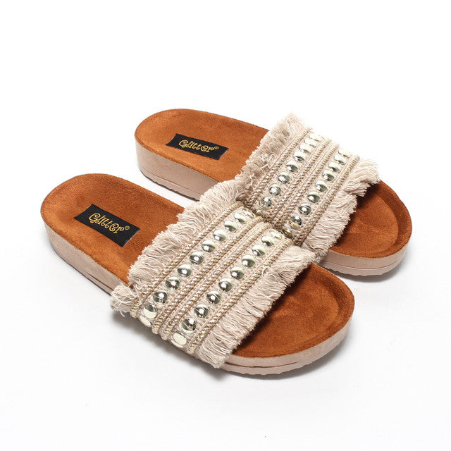 Fringe Metallic Strap Slippers - Beige