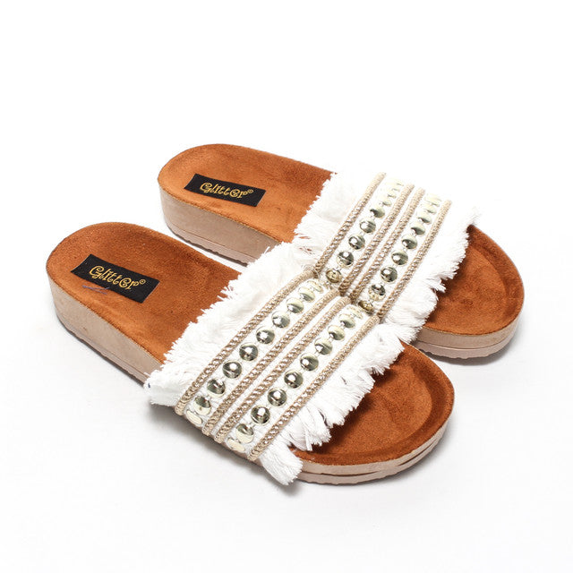 Fringe Metallic Strap Slippers - White