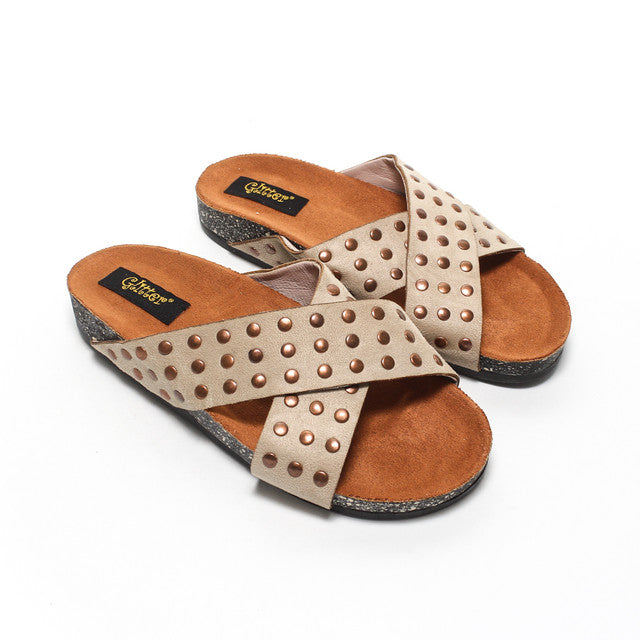 Studded Cross-Strap Slippers - Beige