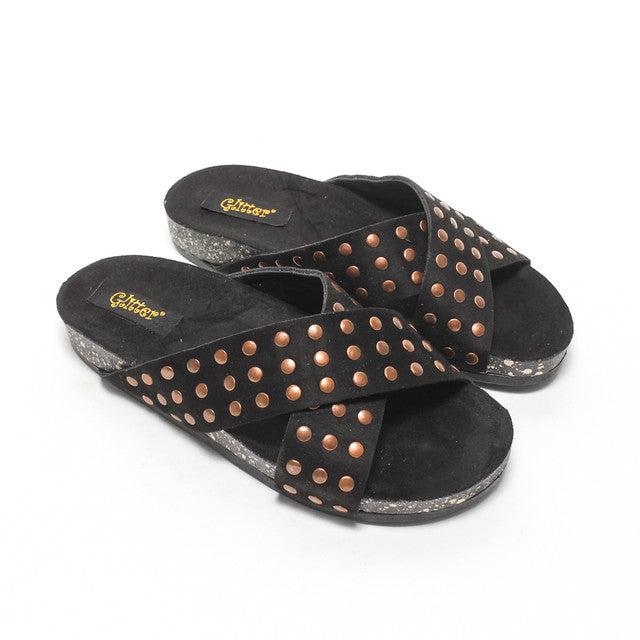 Studded Cross-Strap Slippers - Black