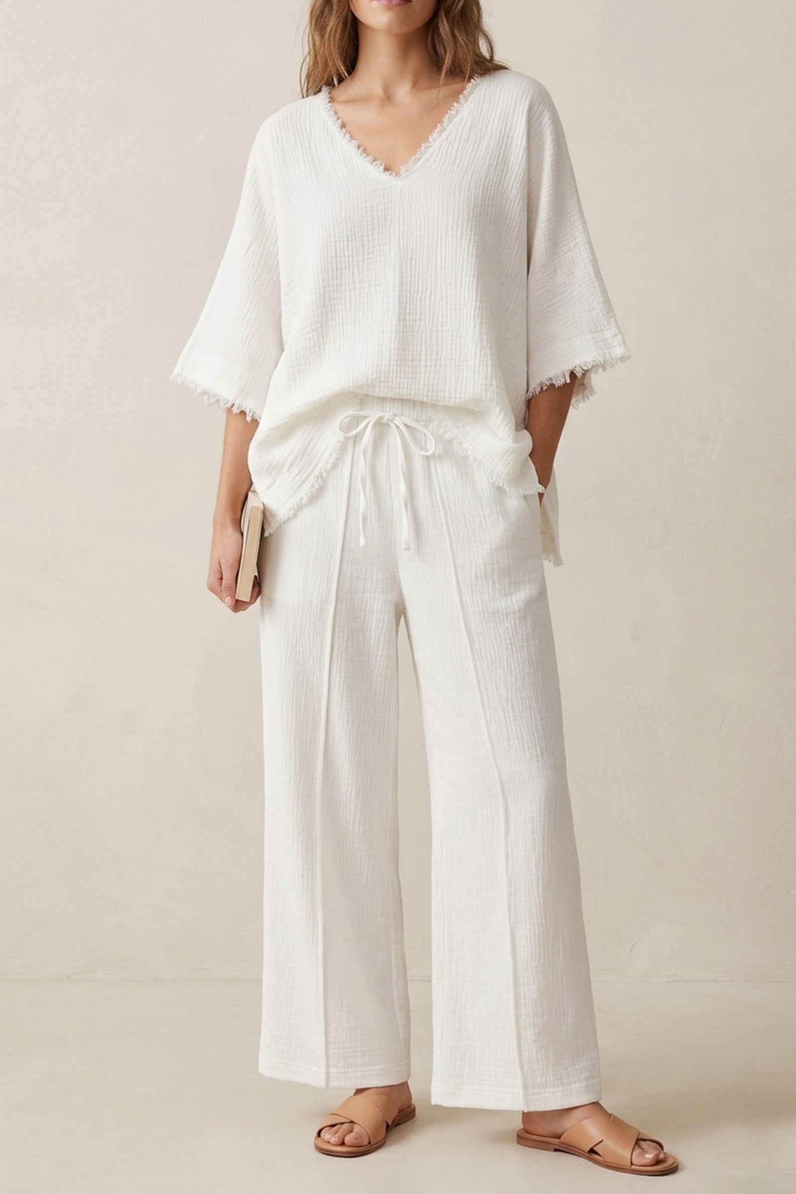 Textured Crinkle Wide-Leg Pants - White