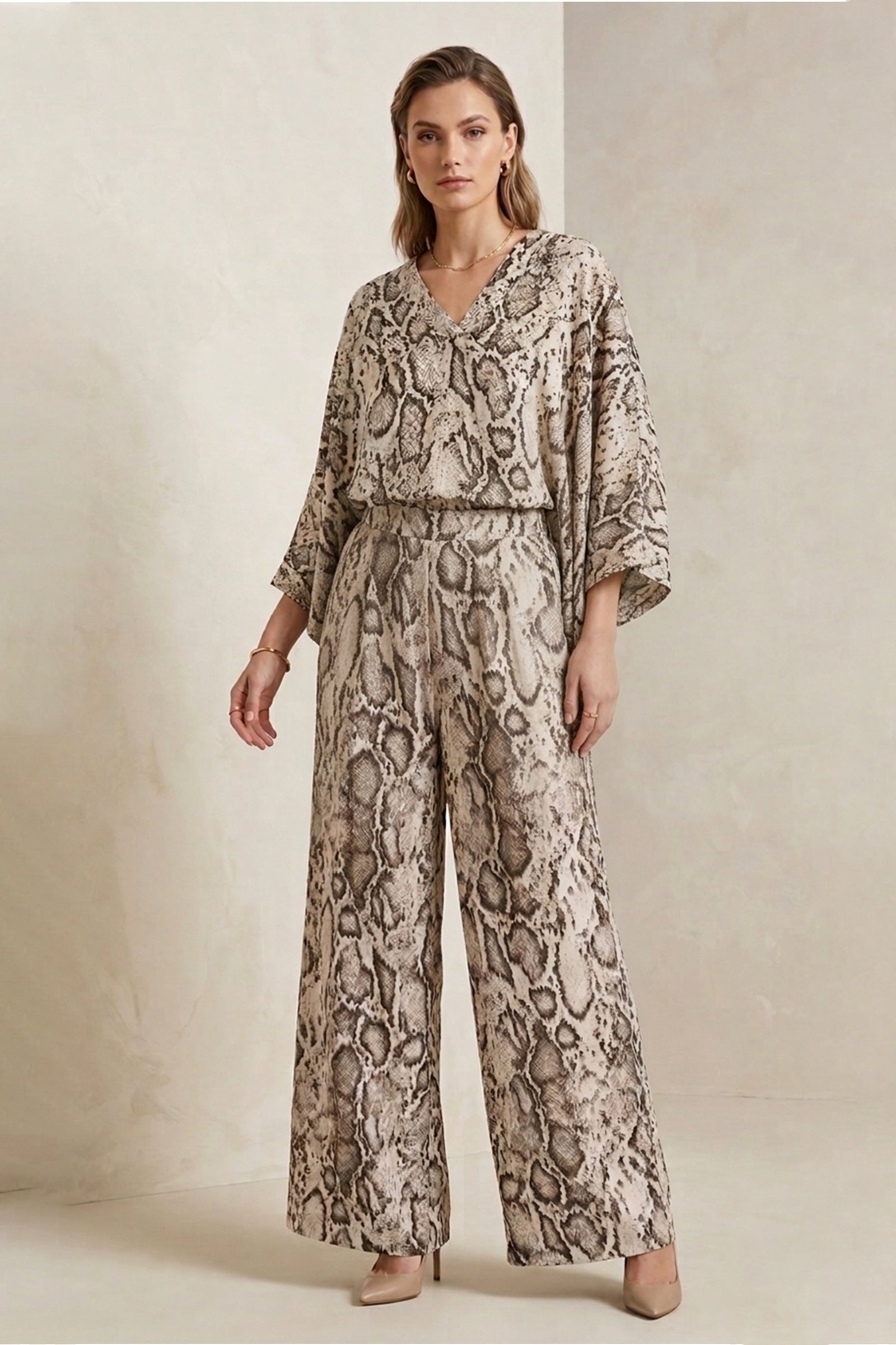Snake-Print Wide-Leg Pants - Beige