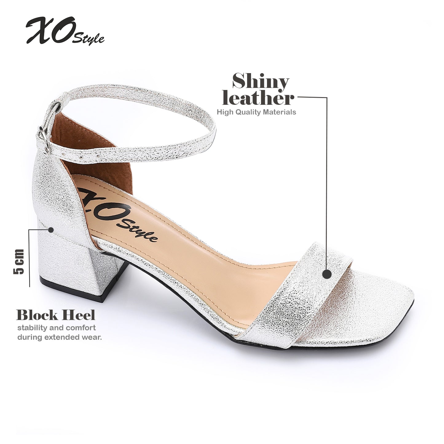 Leather Low Heeled Ankle Strap Sandals - Silver
