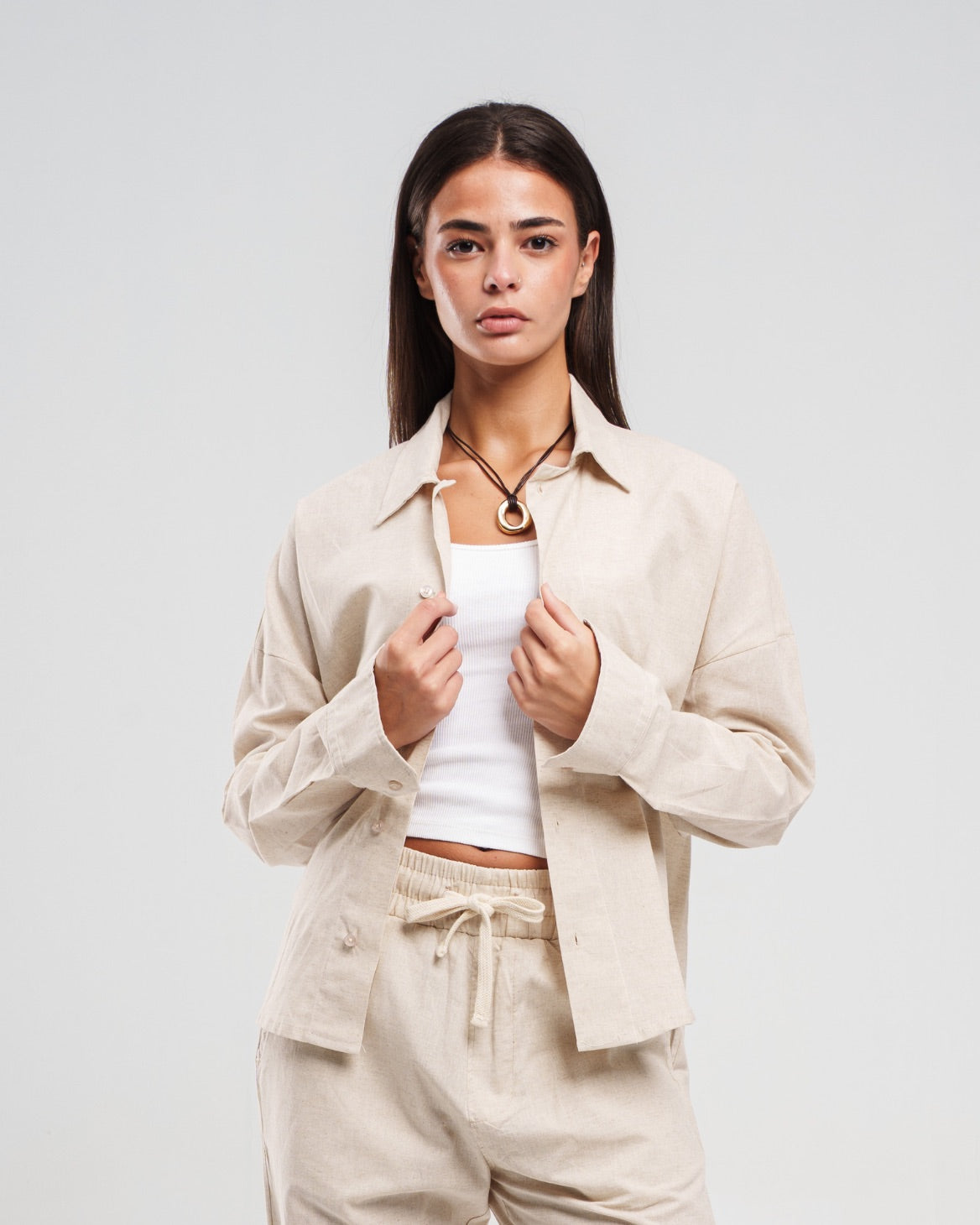 Linen Long-Sleeve Button-Up Shirt - Beige