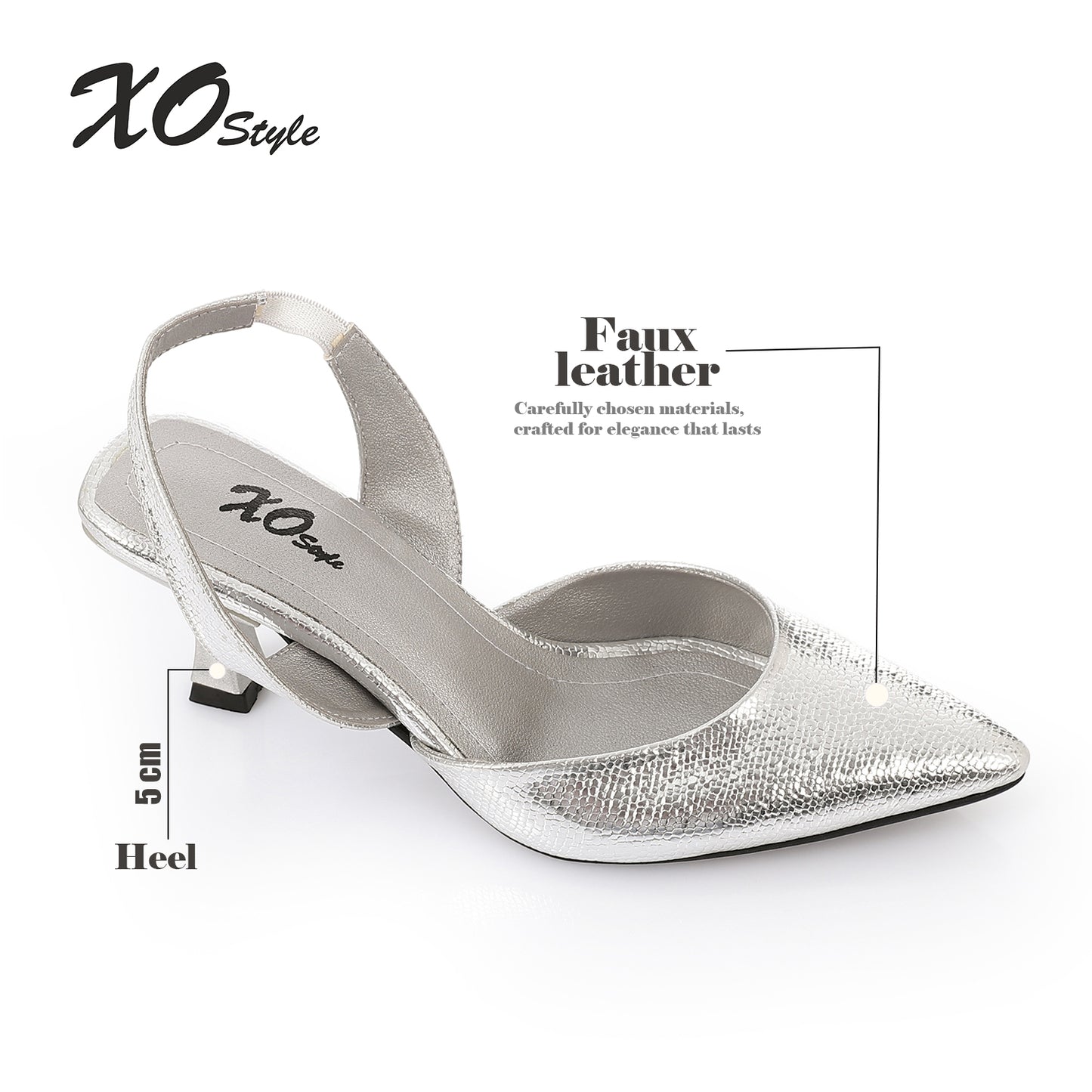 Faux Leather Metallic Slingback Kitten Heel Pumps – Silver