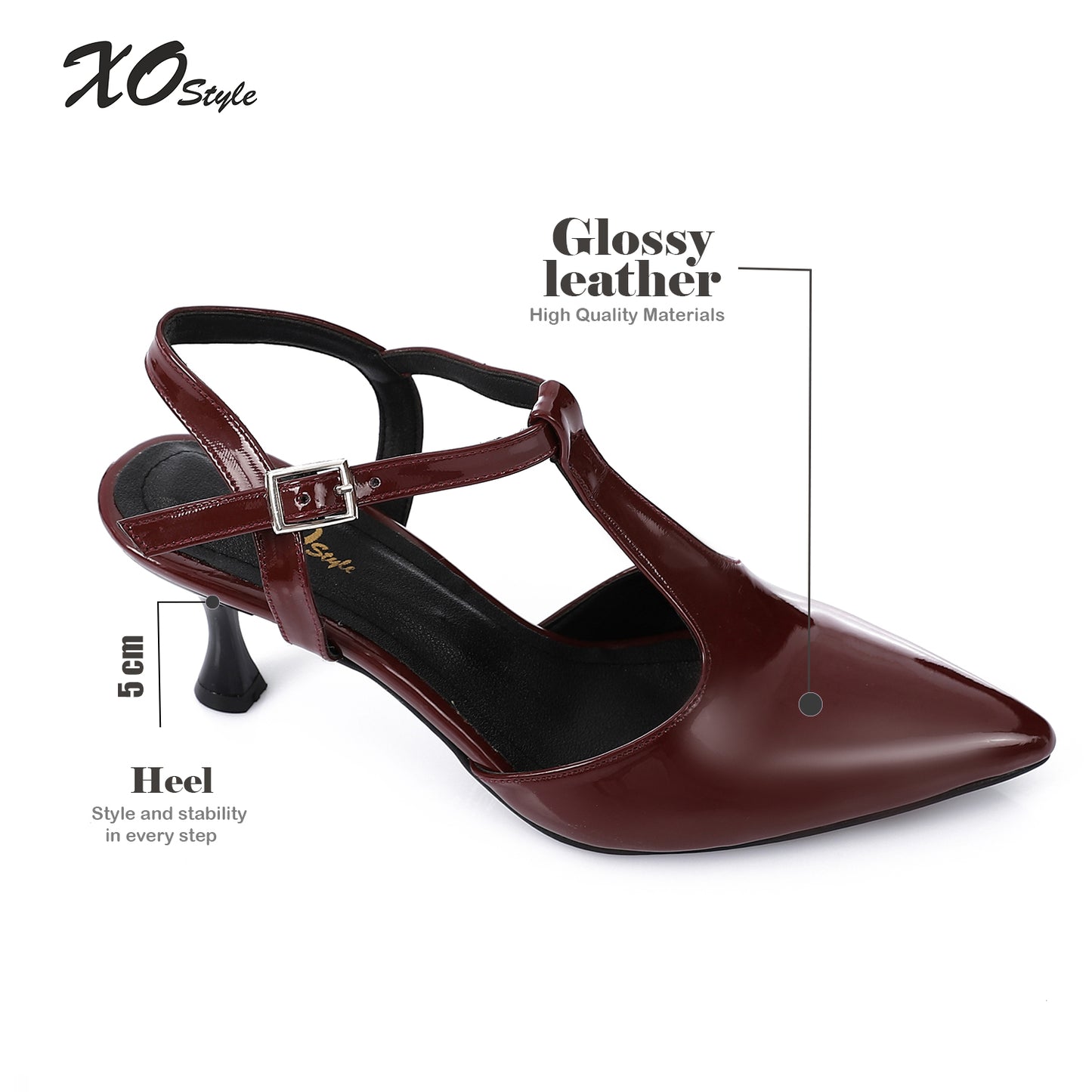 Faux Leather T-Strap Heeled Shoe – Burgundy