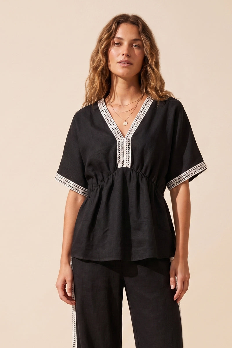Embroidered-Trim Top - Black