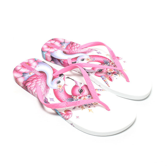 Flamingo Print Flip Flops - Fuchsia