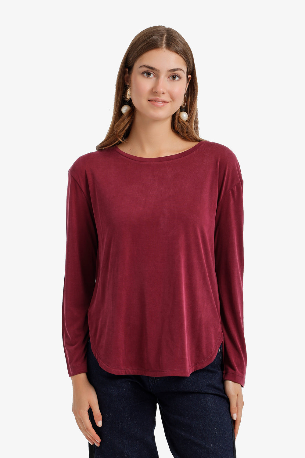 Solid Curved Hem T-Shirt – Light Burgundy