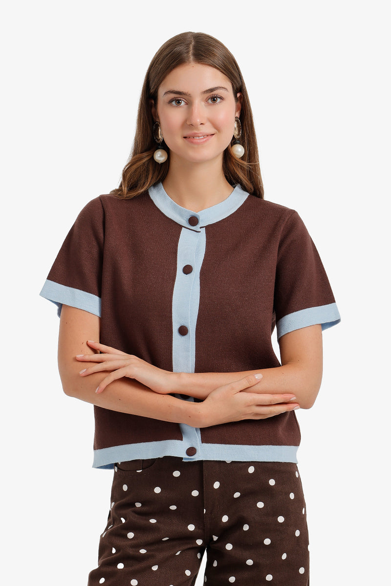 Contrast-Trim Button-Down Top - Dark Brown