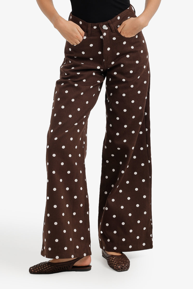 Polka Dot Wide-Leg Pants – Dark Brown