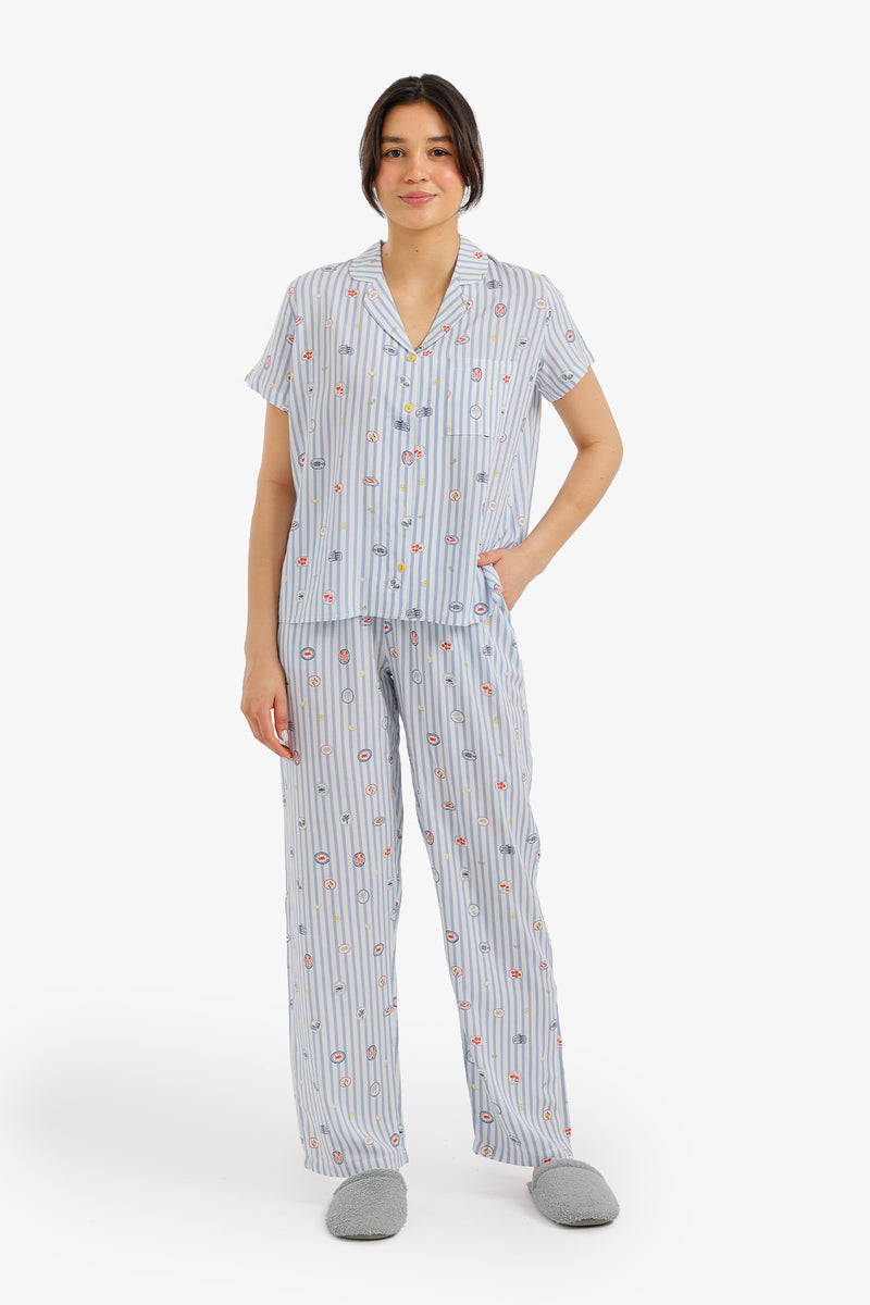 Striped Mini Print Pajama Set - Light Blue