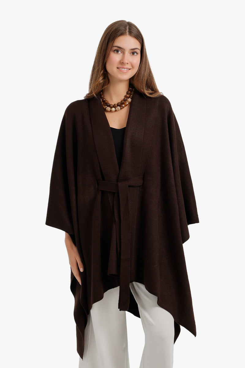 Plain Self-Tie Knit Poncho – Dark Brown