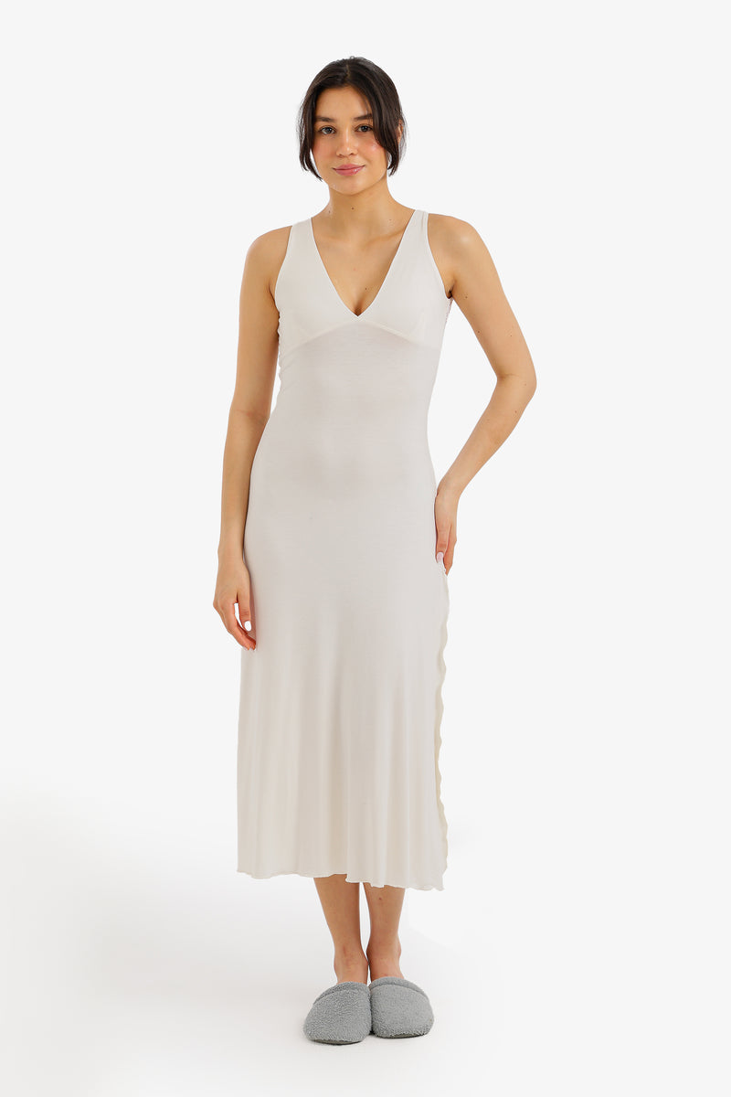 Side-Slit Midi Nightgown - Off White