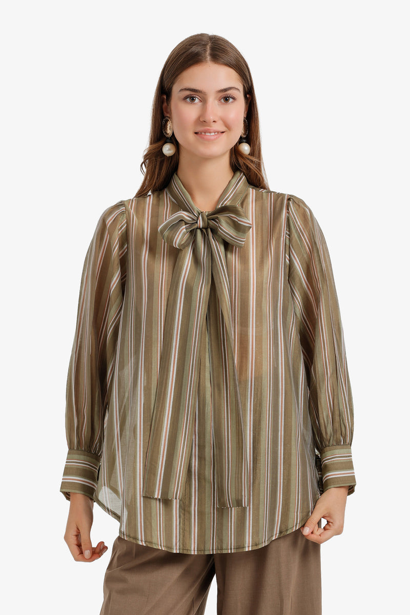 Striped Bow-Tie Blouse - Olive