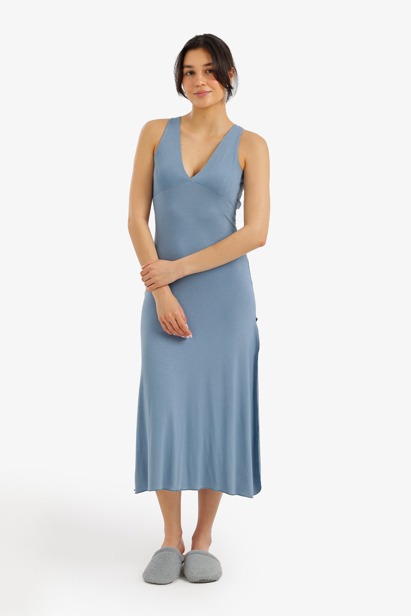 Side-Slit Midi Nightgown - Blue Petroleum