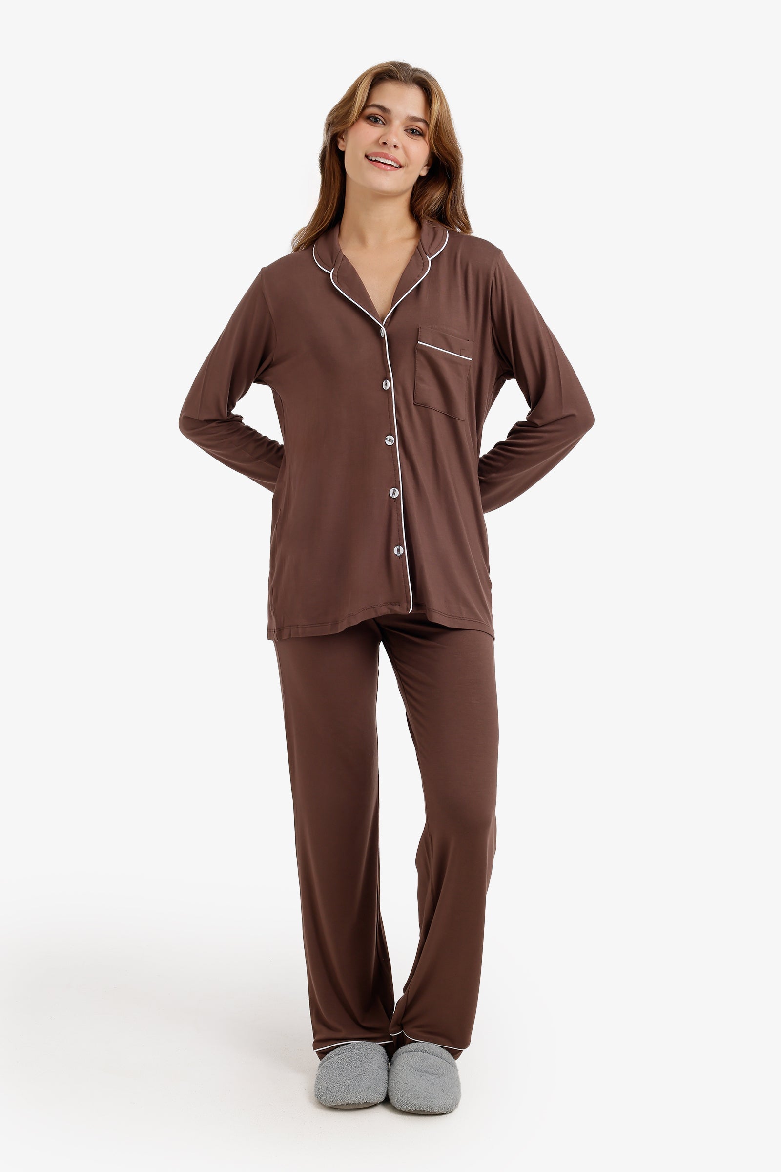 Solid Contrast Piping Pajama Set – Dark Brown