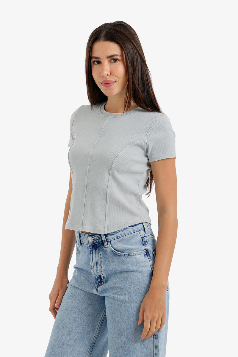 Stitched Panel Cropped Top - Light Blue