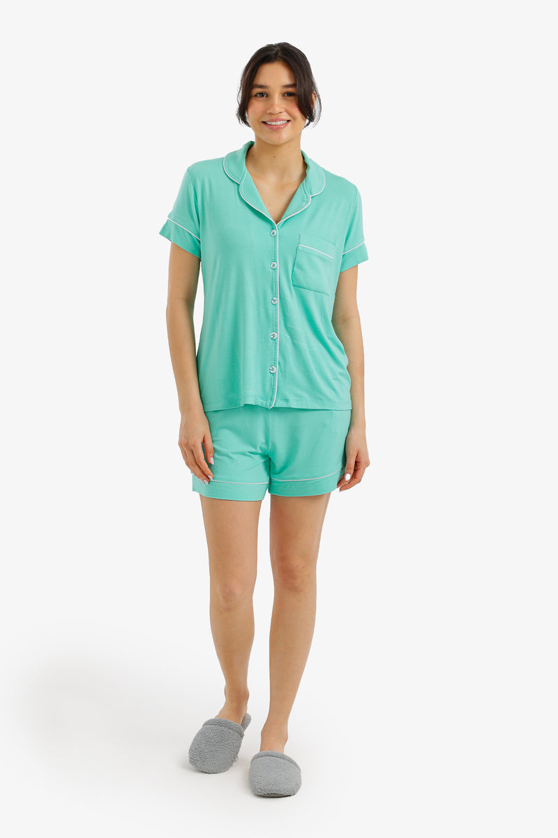 Piped Short Pajama Set - Turquoise