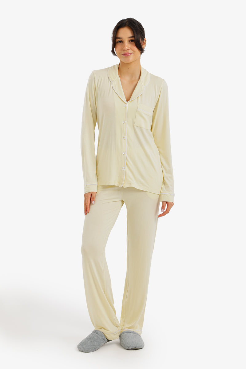 Contrast-Pipe Pajama Set - Butter Yellow
