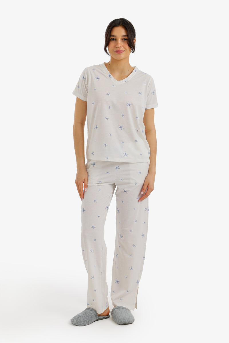 Star Print Cotton Pajama Set - Off White