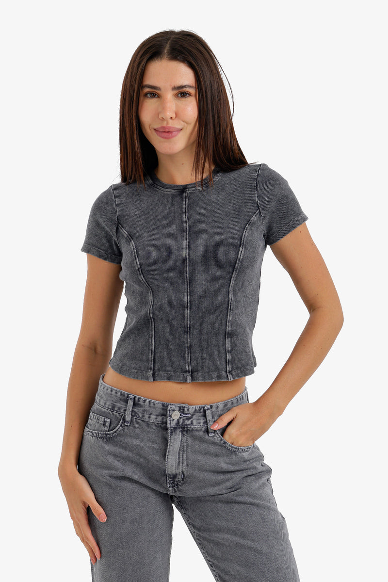 Stitched Panel Cropped Top - Grey