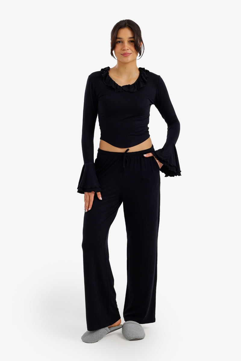 Ruffle-Trim Pajama Set - Black