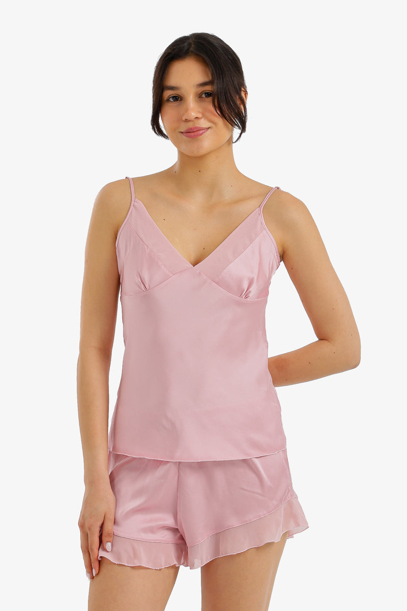 Ruffled Satin Pajama Set - Rose
