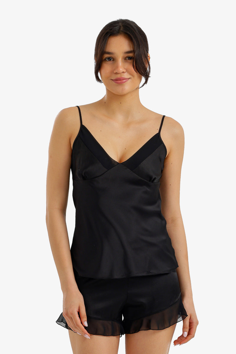 Ruffled Satin Pajama Set - Black