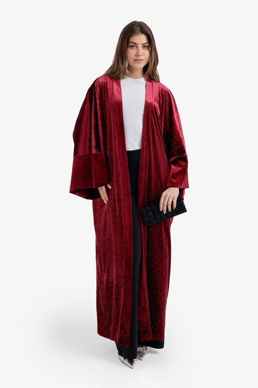 Embellished Velvet Maxi Kimono – Light Burgundy