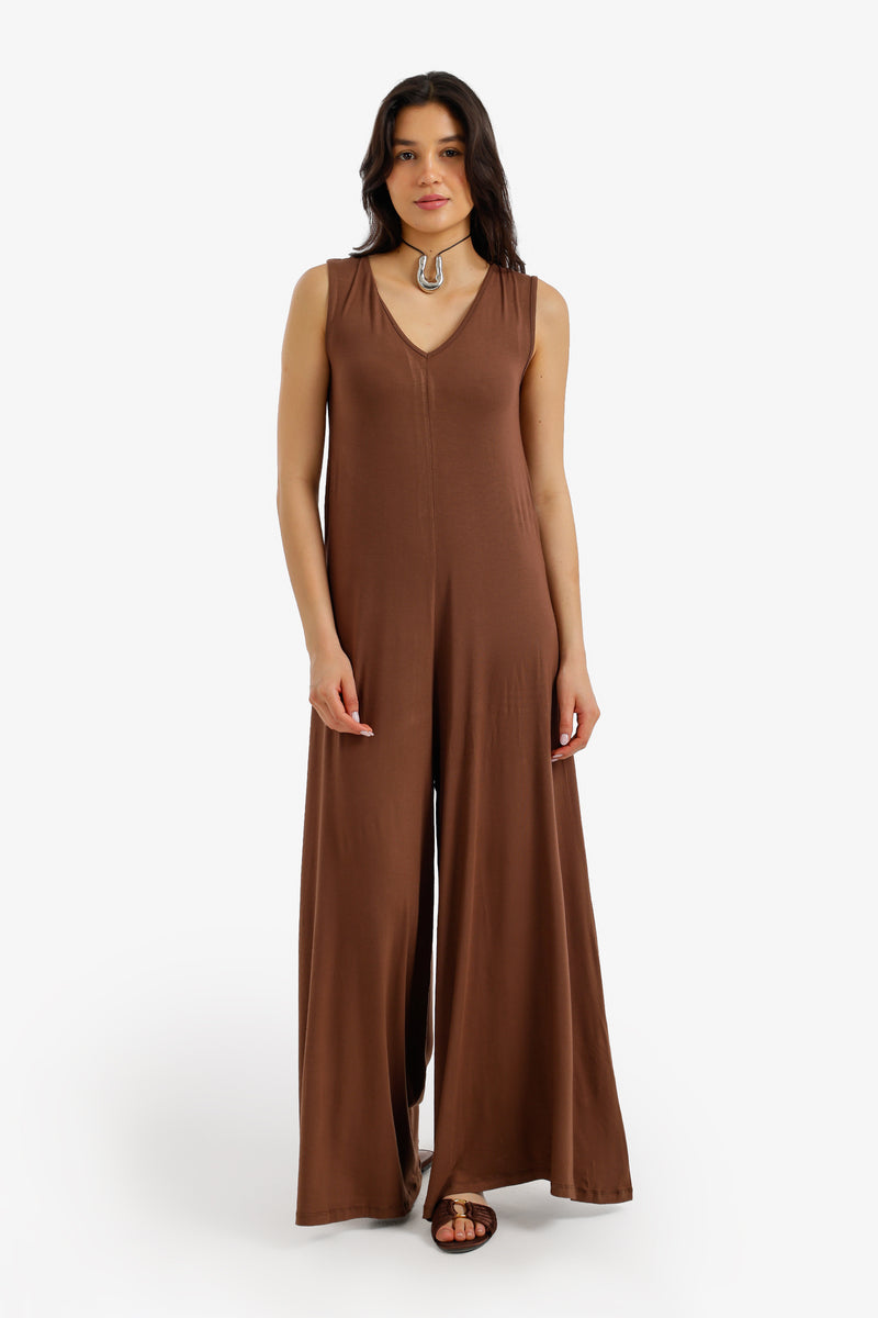 Solid Wide-Leg Lounge Jumpsuit – Dark Brown