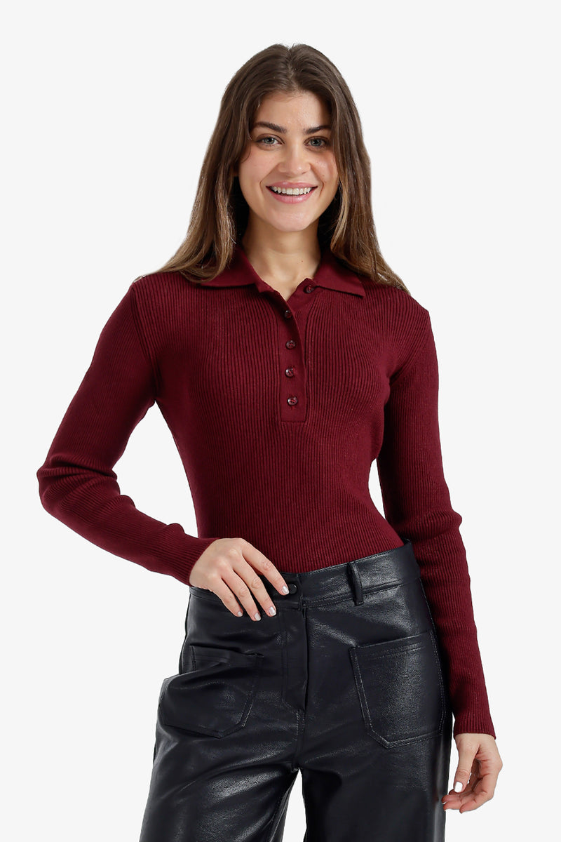 Ribbed Polo Collar Bodysuit – Burgundy