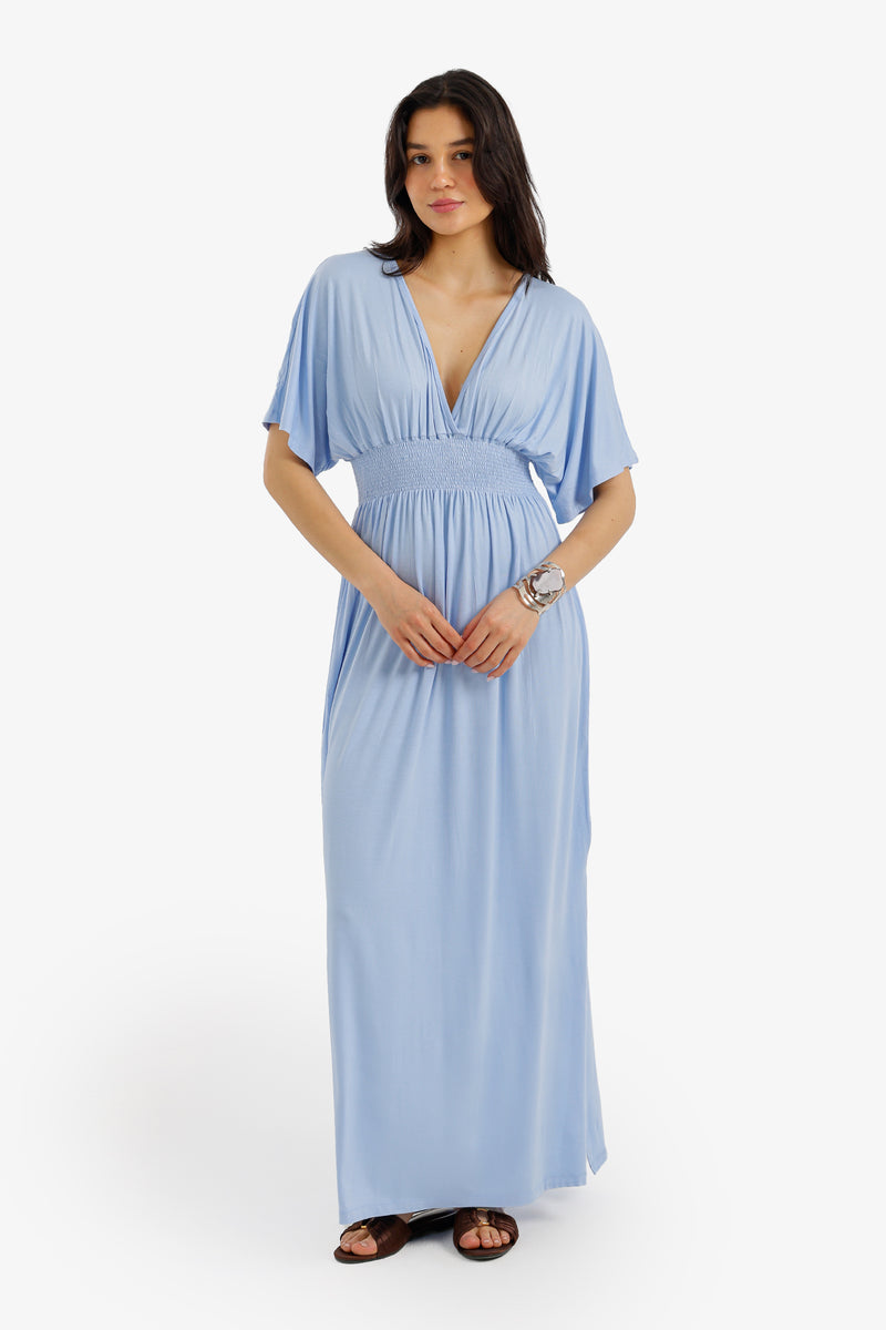 Smocked Waist Maxi Nightgown - Light Blue